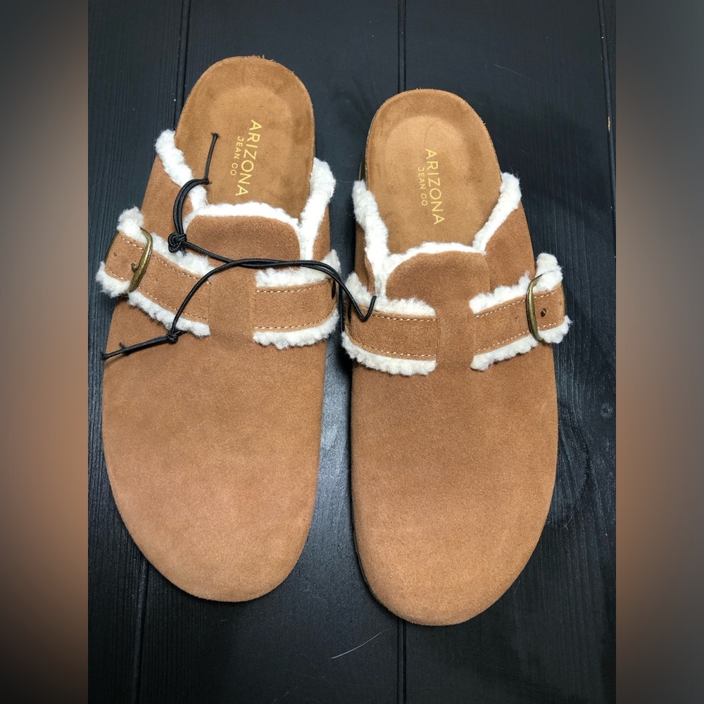 Arizona Jean Company Shearling-Trim Suede Clog Mule - Tan 9